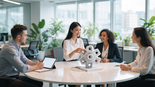 办公室团队工作场景，现代办公环境，明亮自然光，四名员工在讨论工作